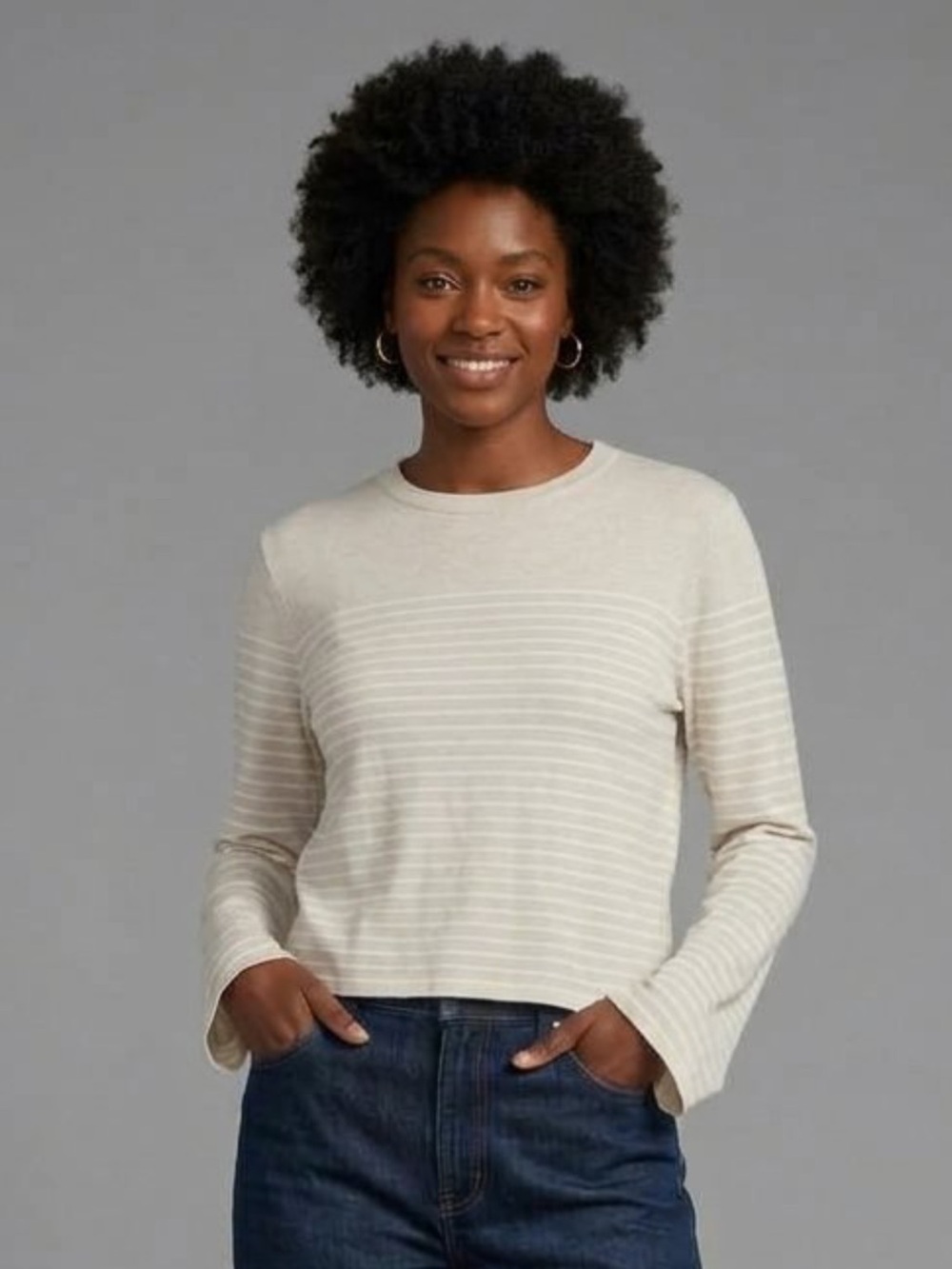 rag & bone Kelly Stripe Boxy Long Sleeve Crop Top Beige Cream size Small EUC